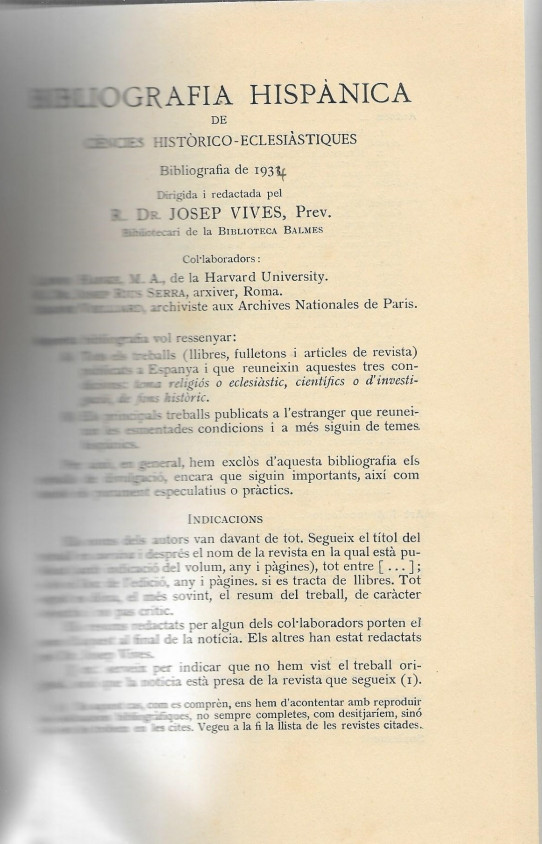 BIBLIOGRAFIA HISPÀNICA DE CIÈNCIES HISTÒRICO-ECLESIÀSTIQUES. Bibliografia de 1934