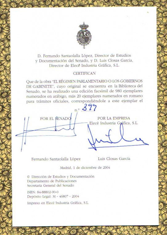 EL RÉGIMEN PARLAMENTARIO O LOS GOBIERNOS DE GABINETE EDICIÓN FACSÍMIL