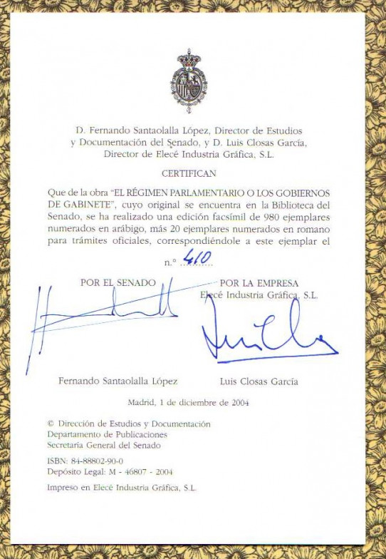 EL RÉGIMEN PARLAMENTARIO O LOS GOBIERNOS DE GABINETE EDICIÓN FACSÍMIL
