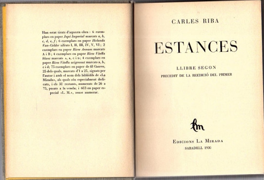 ESTANCES . LLIBRE SEGON precedit per la reedició del primer
