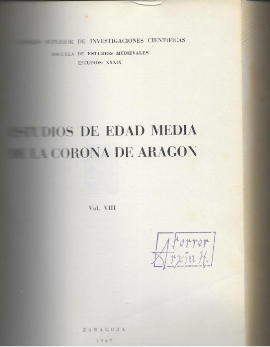 ESTUDIOS DE EDAD MEDIA DE LA CORONA DE ARAGON (SECCIÓN ZARAGOZA) VOLUMEN VIII