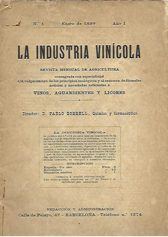 LA INDUSTRIA VINICOLA. Revista mensual de agricultura nº 1 Enero de 1899