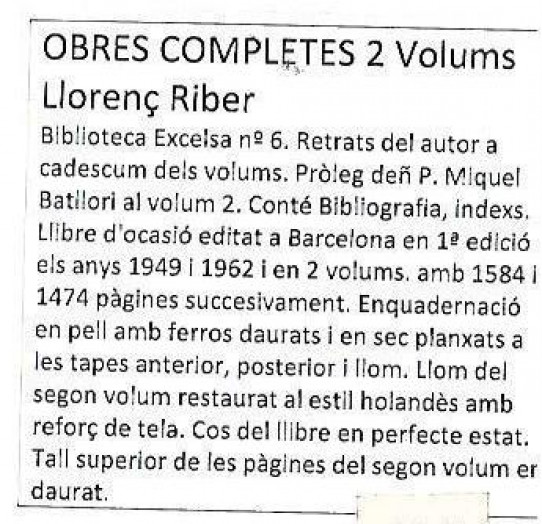 OBRES COMPLETES  2 Volums. (Llorenç Riber)