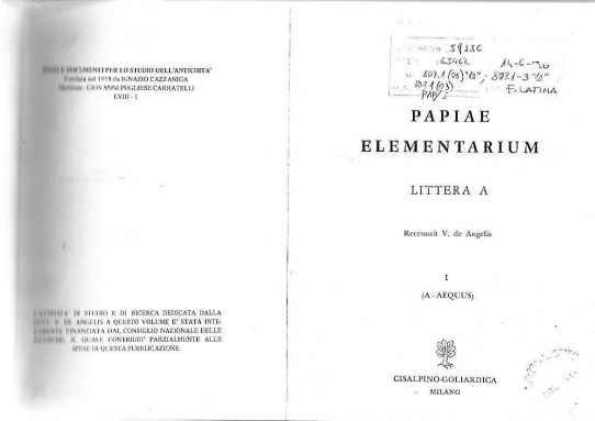 PAPIAE ELEMENTARIUM     LITTERA  A    Recensuit V. de Angelis