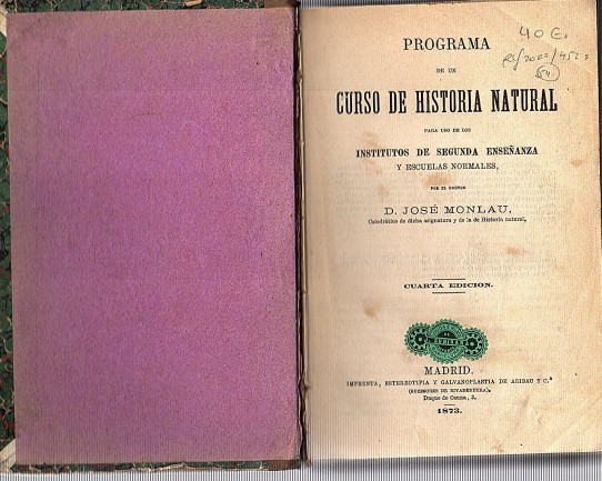 PROGRAMA DE UN CURSO DE HISTORIA NATURAL para uso de los Institutos de Segunda Enseñanza y Escuelas Normales