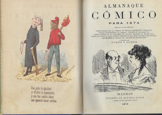 Varias publicaciones de finales del s.XIX : ALMANAQUE CÓMICO PARA 1874. EL GRITO ESPAÑOL. COMEDIA DE FIGURON. FLOR DE UN DIA